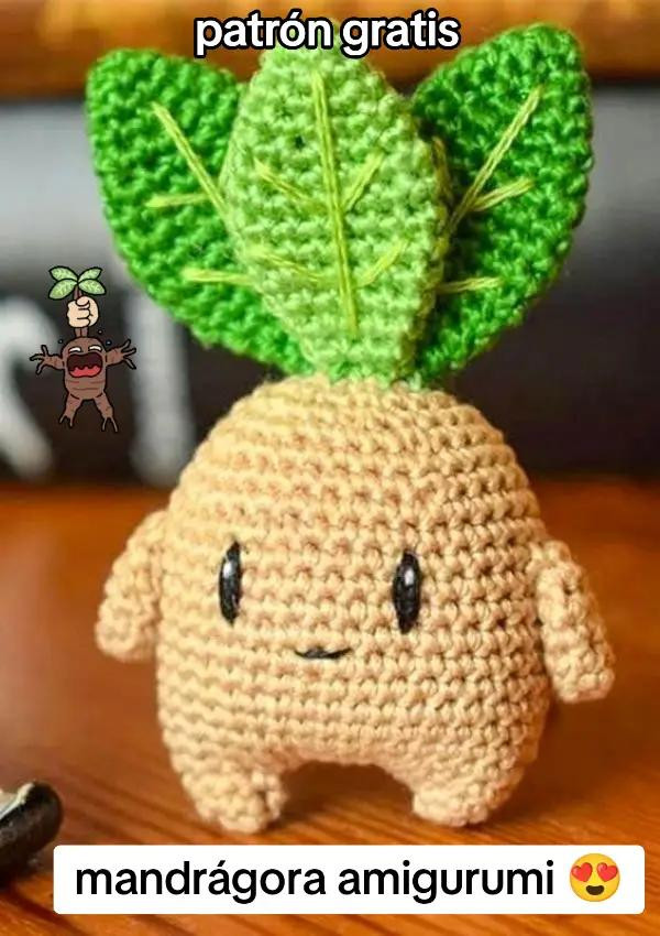 Patrón gratis amigurumi mandrágora tierna con hojas verdes