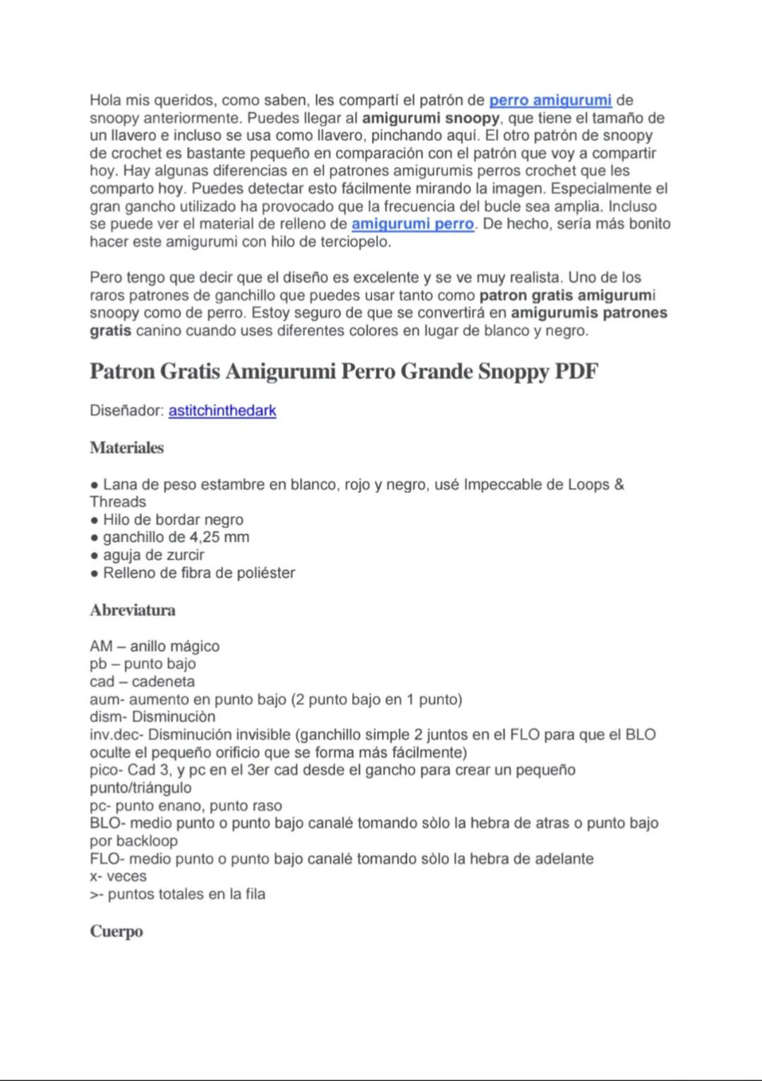 Patrón Gratis Amigurumi Perro Grande Snoopy PDF