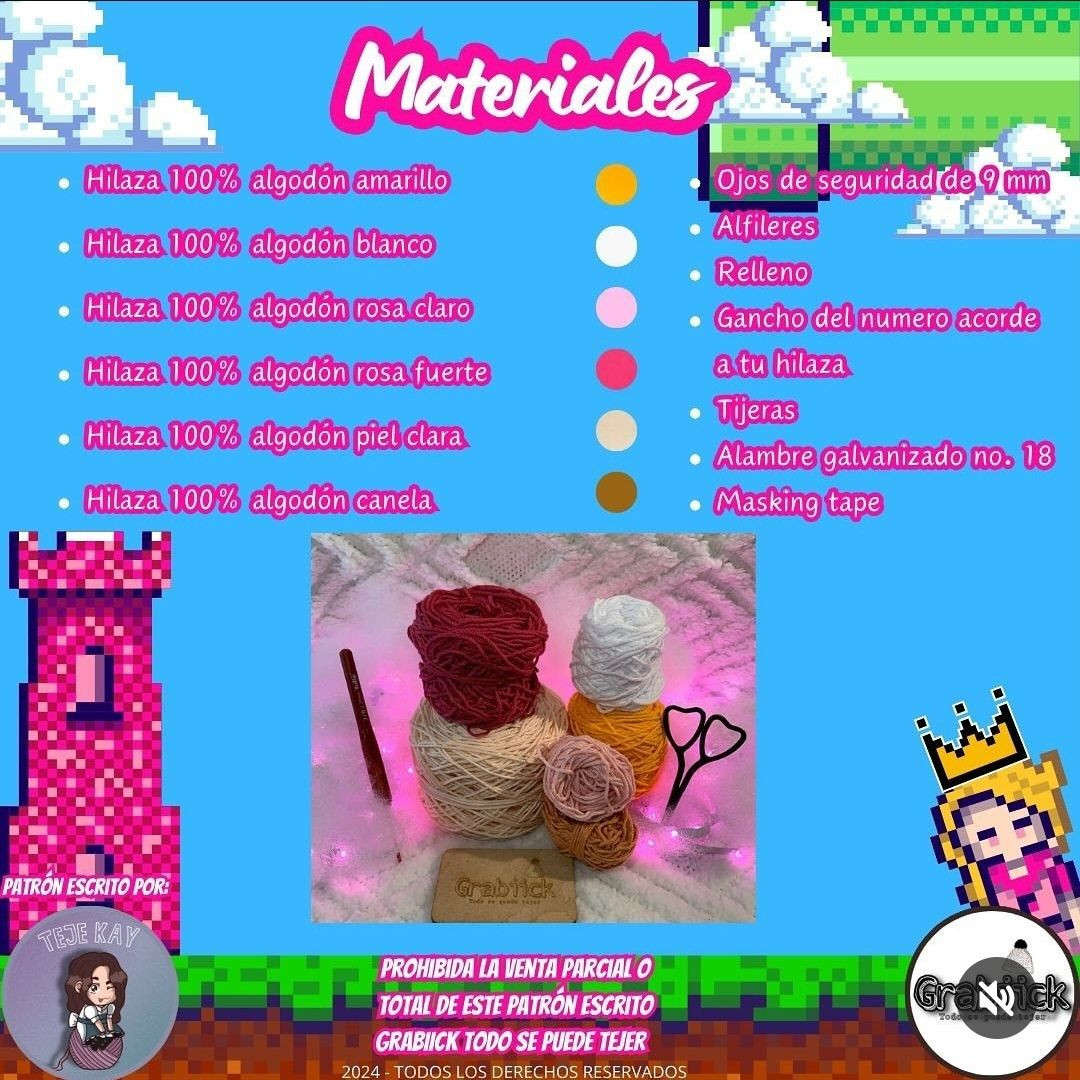 Patrón Gratis Amigurumi Princesa Peach Mario Bros: Materiales, Abreviaturas y Pasos para Cabeza y Vestido