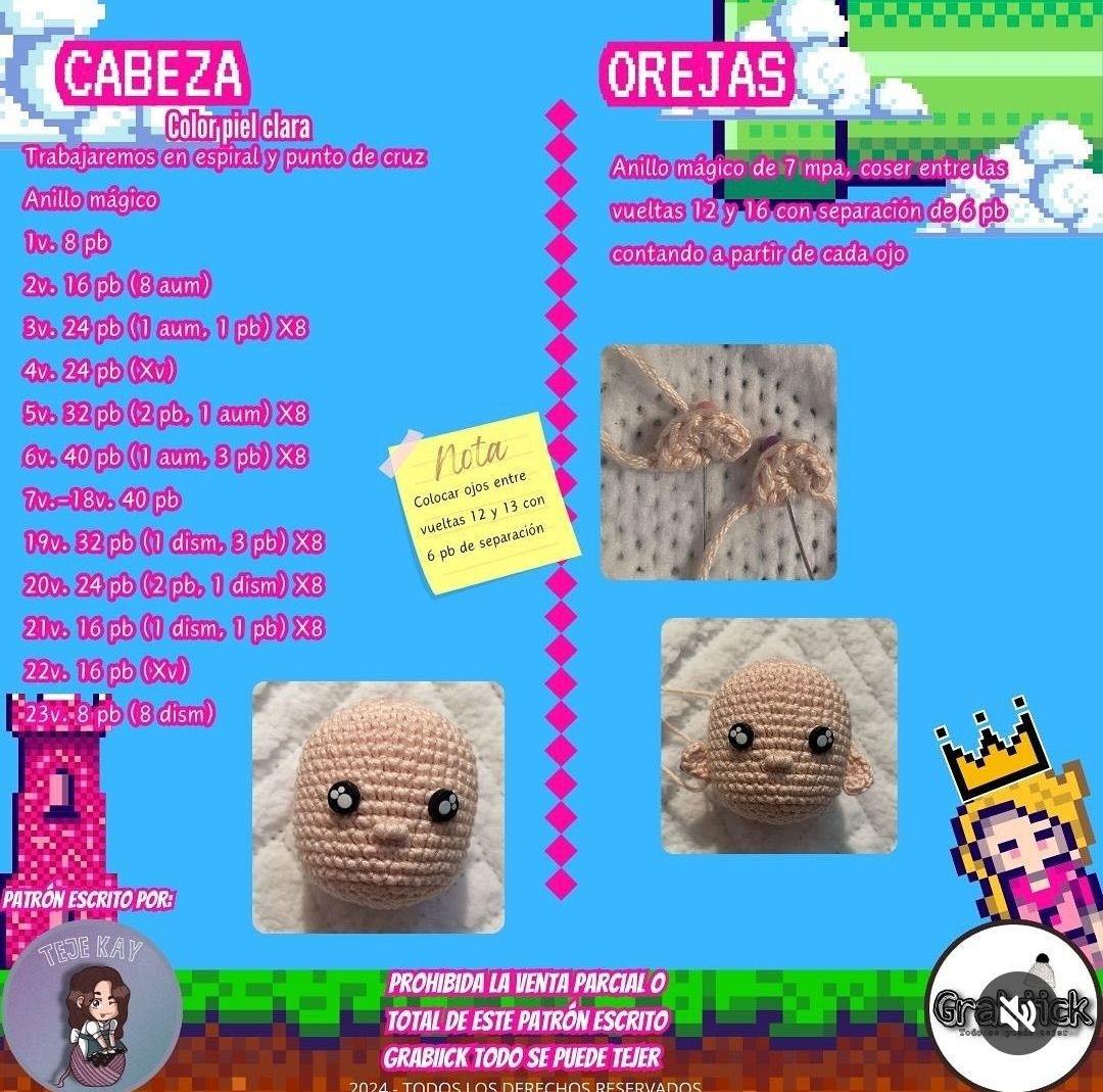 Patrón Gratis Amigurumi Princesa Peach Mario Bros: Materiales, Abreviaturas y Pasos para Cabeza y Vestido