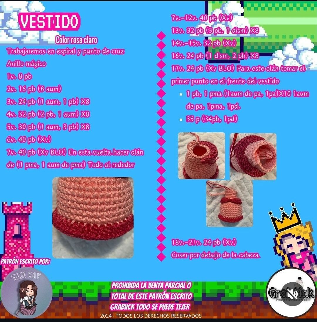 Patrón Gratis Amigurumi Princesa Peach Mario Bros: Materiales, Abreviaturas y Pasos para Cabeza y Vestido