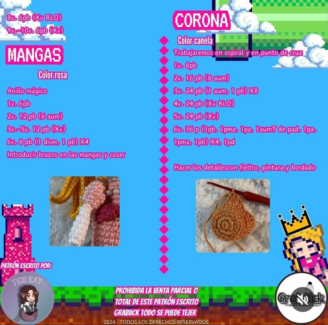 Patrón Gratis Amigurumi Princesa Peach Mario Bros: Materiales, Abreviaturas y Pasos para Cabeza y Vestido