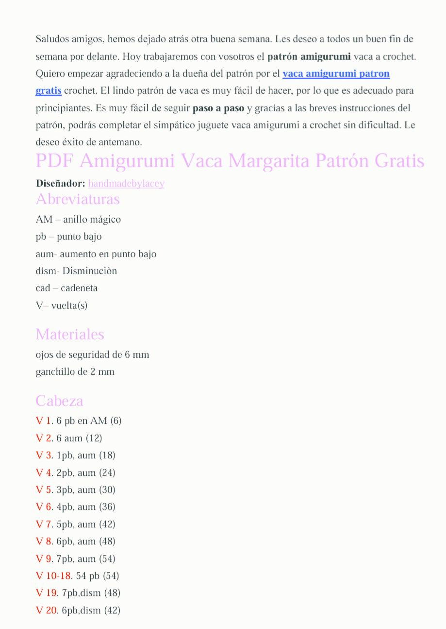Patron Gratis Amigurumi Vaca Margarita - PDF Tutorial
