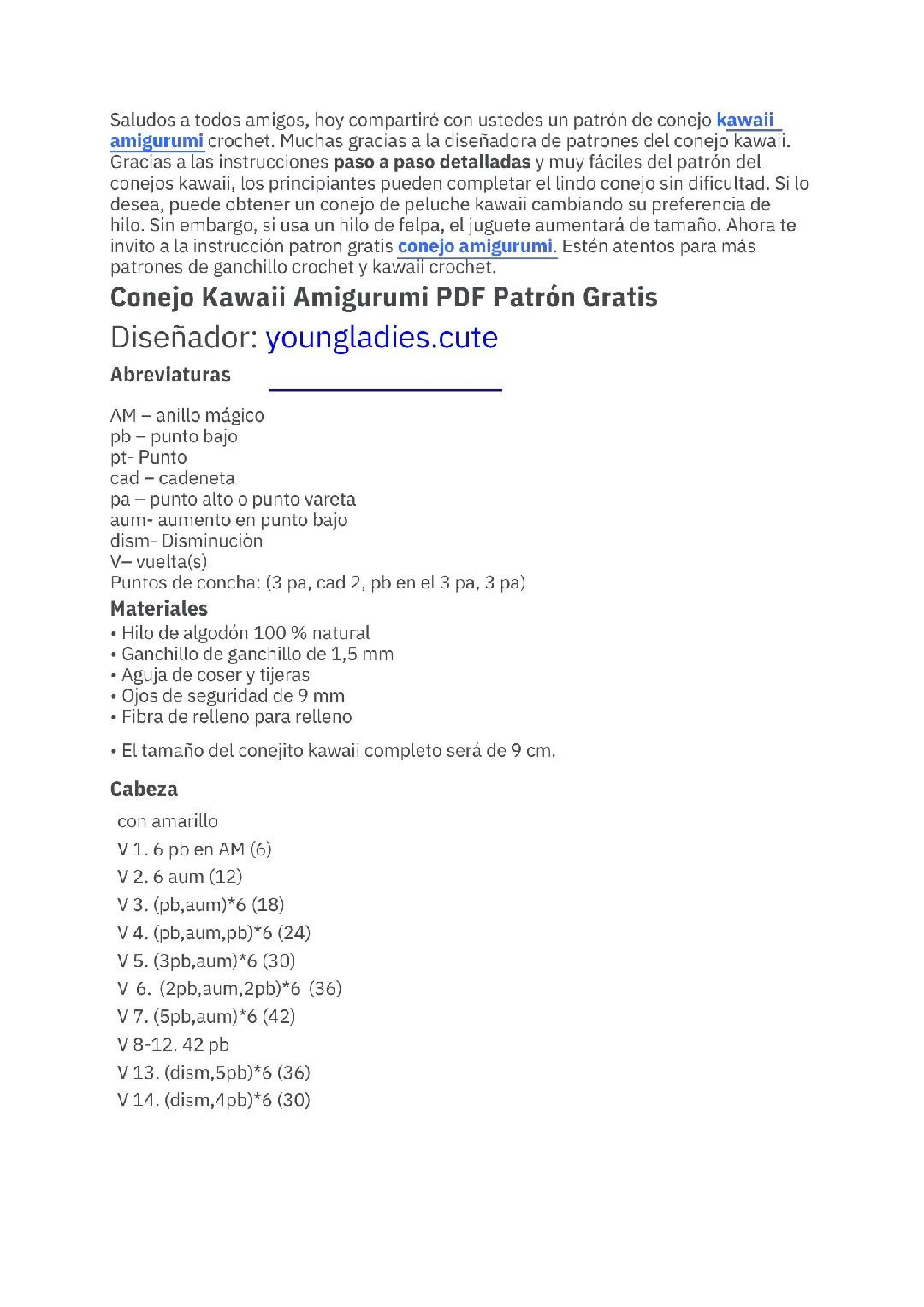 Patron Gratis Conejo Kawaii Amigurumi PDF: Tutorial Paso a Paso Móc Len