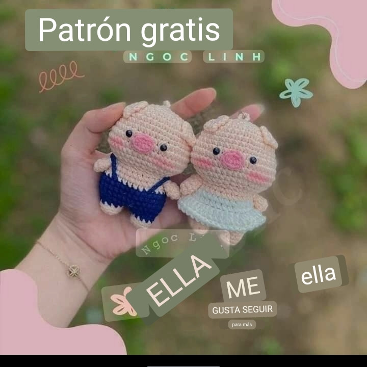 Patrón gratis de cerditos amigurumi con overol y vestido