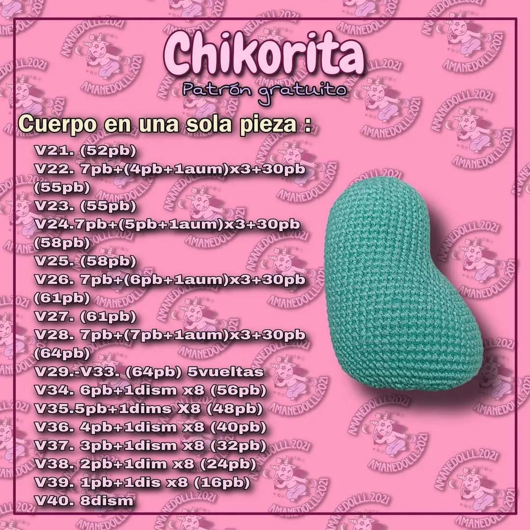 Patrón gratis de Chikorita Pokémon: Búp bê amigurumi màu xanh lá, hướng dẫn chi tiết từng bước và danh sách nguyên liệu