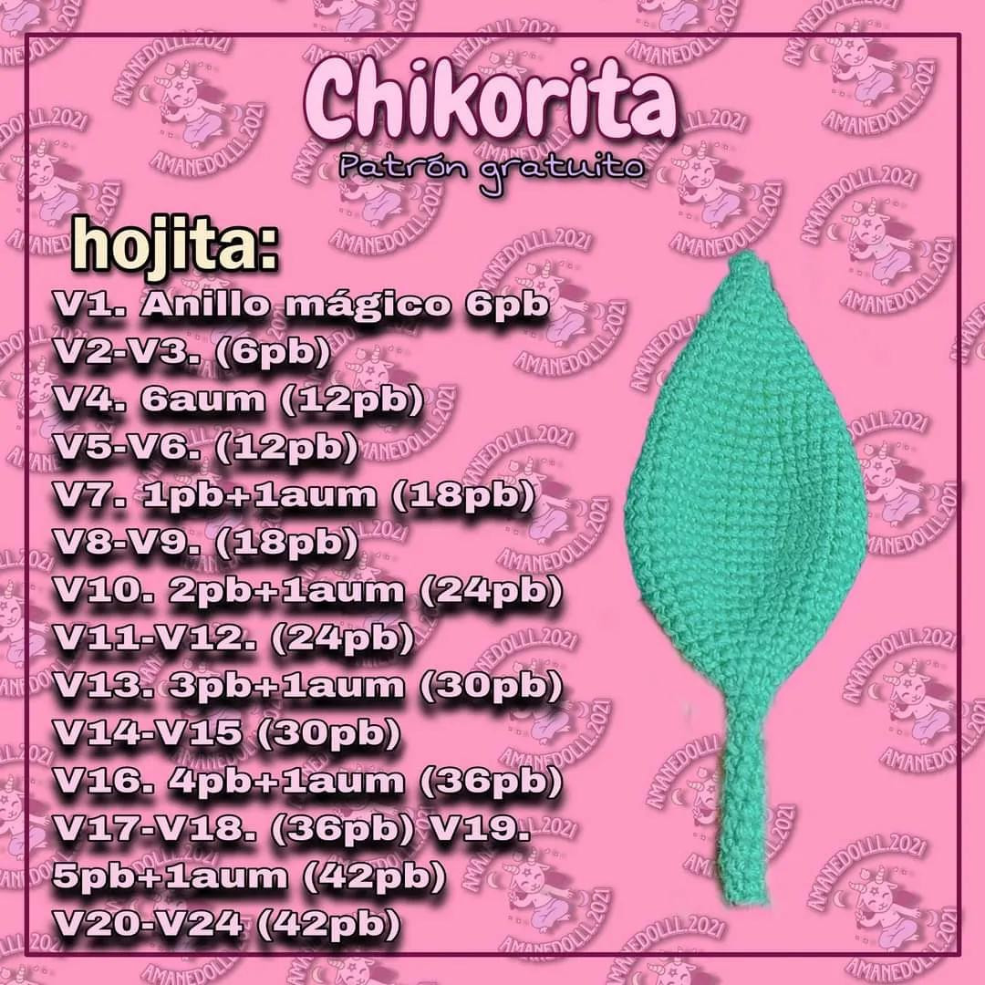 Patrón gratis de Chikorita Pokémon: Búp bê amigurumi màu xanh lá, hướng dẫn chi tiết từng bước và danh sách nguyên liệu