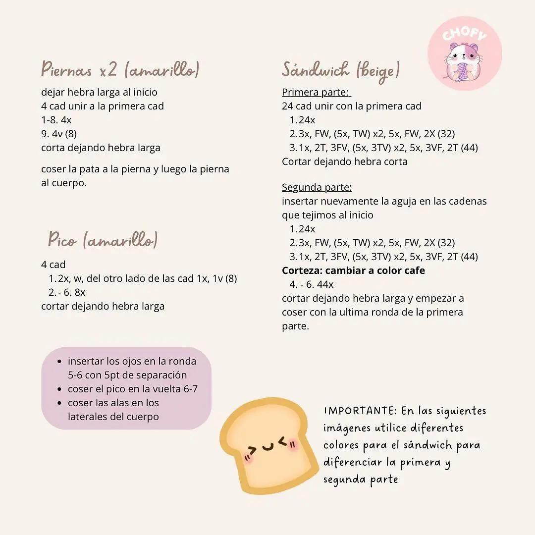 Patrón gratis de crochet para hacer un pato amigurumi con pan, Duck Wichito