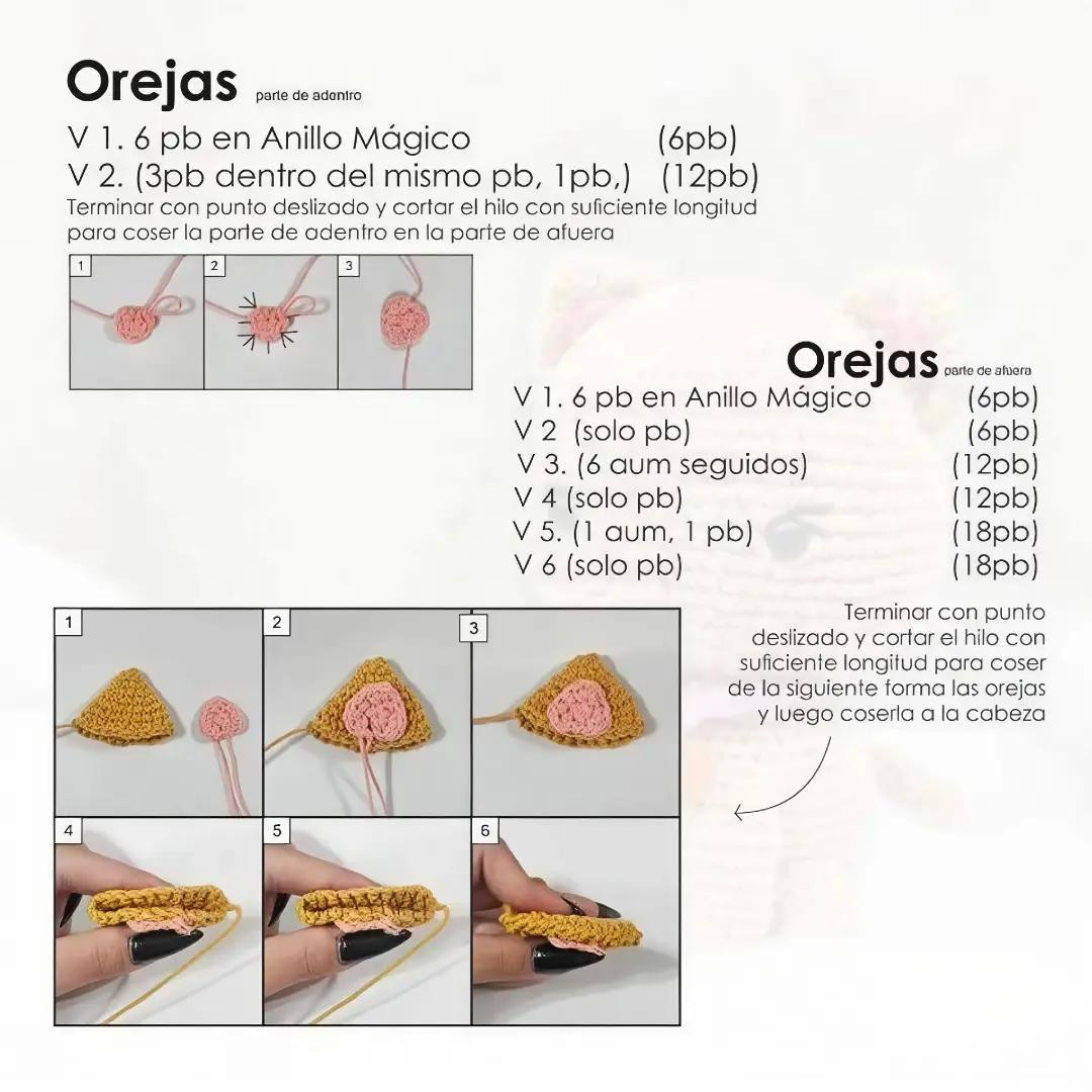 Patrón gratis de gatito amigurumi beige con collar morado y orejas rosadas