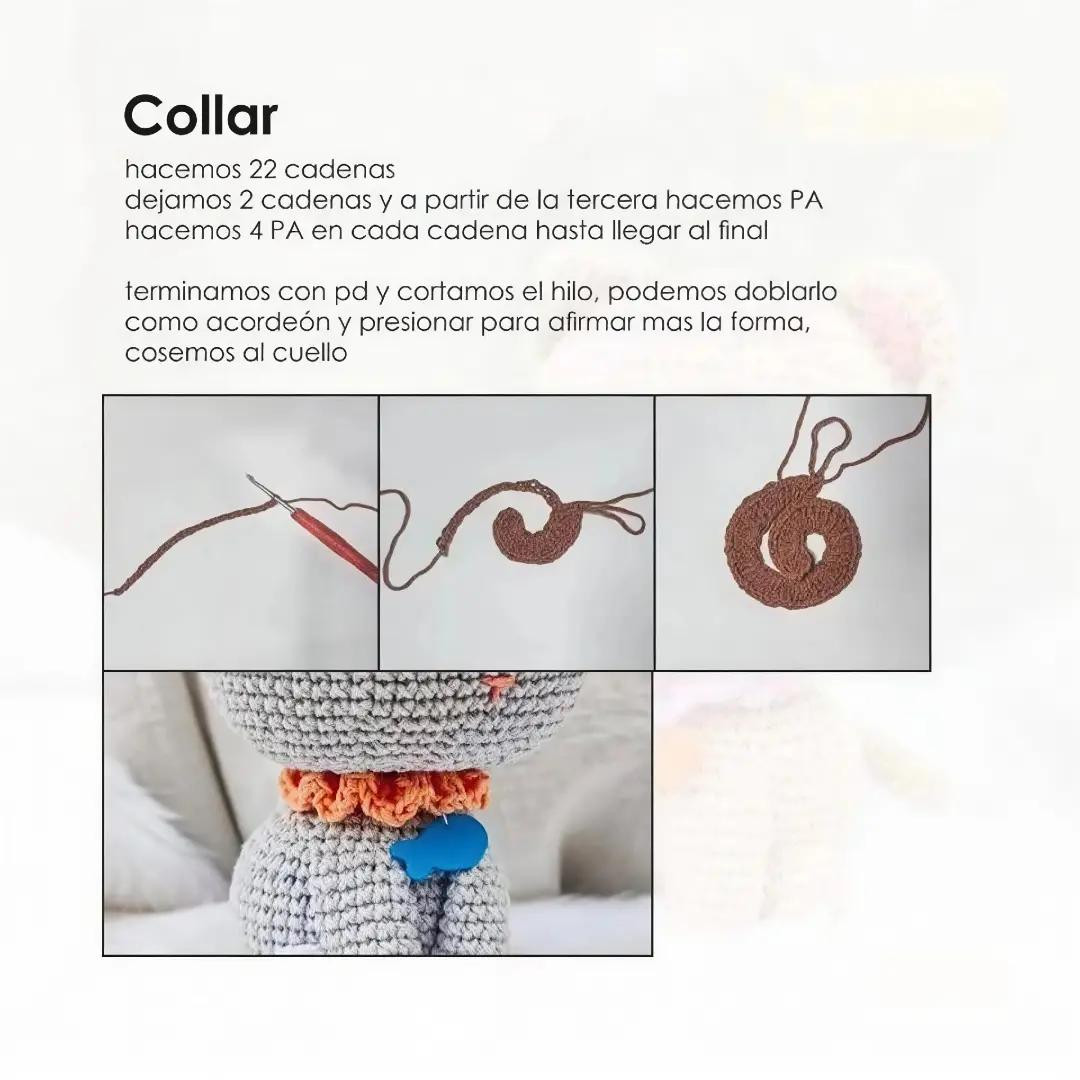 Patrón gratis de gatito amigurumi beige con collar morado y orejas rosadas