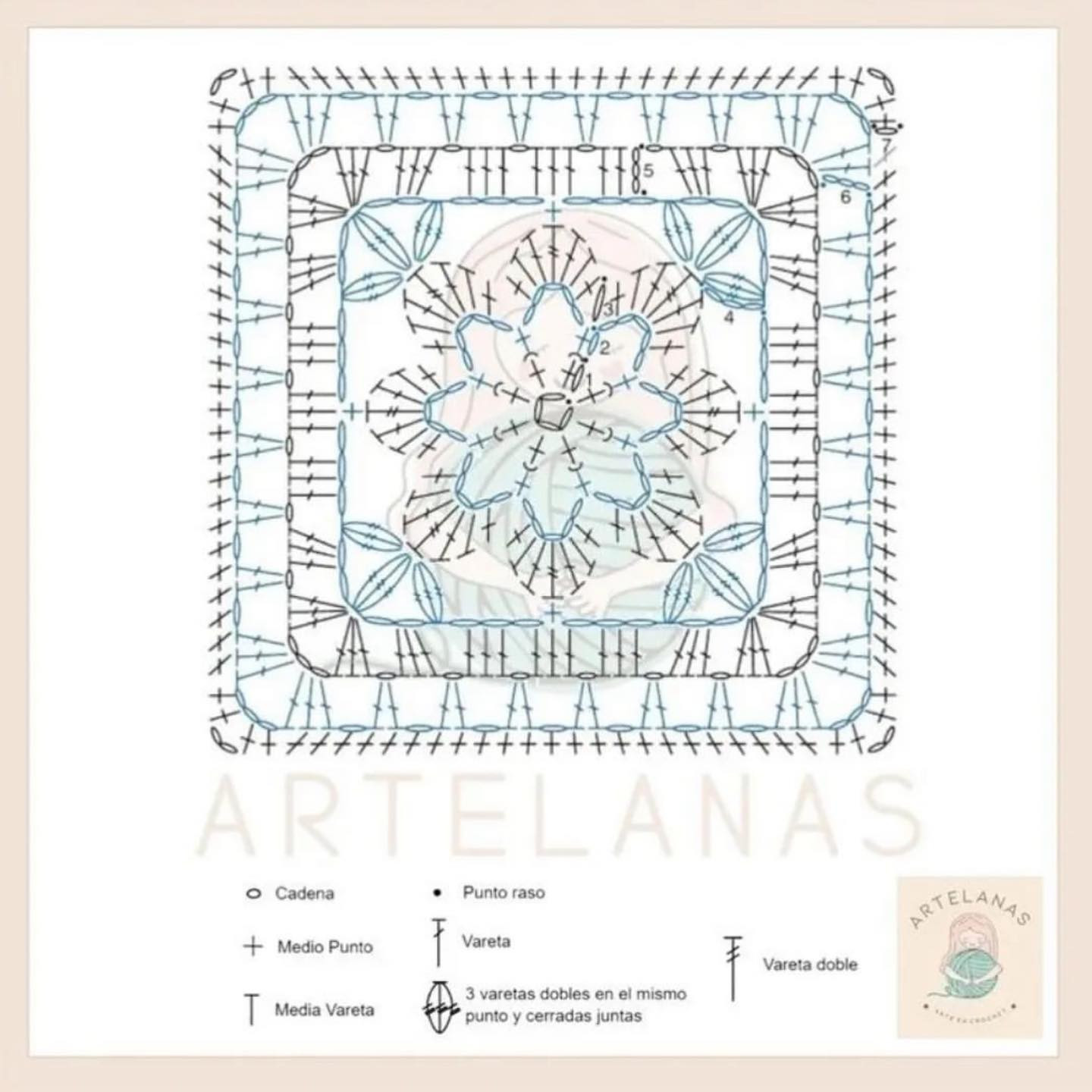 Patrón Gratis de Granny Square Floral en Crema por Artelanas