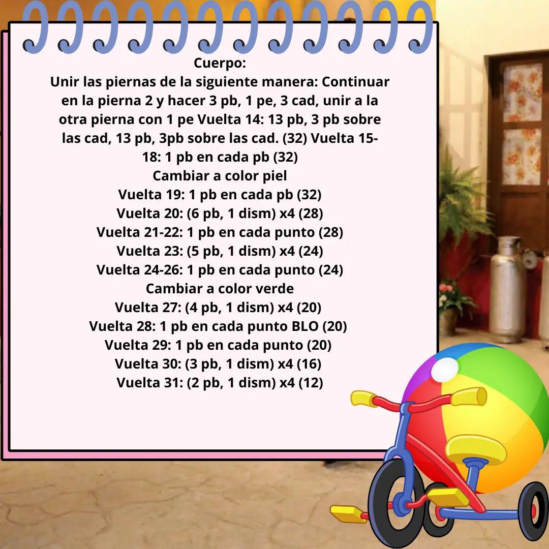 Patrón gratis de la Chilindrina: Tutorial paso a paso para hacer amigurumi con gafas, vestido verde y coletas