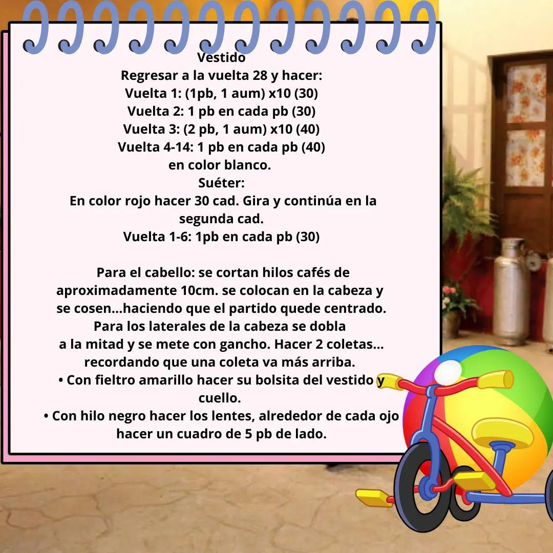 Patrón gratis de la Chilindrina: Tutorial paso a paso para hacer amigurumi con gafas, vestido verde y coletas