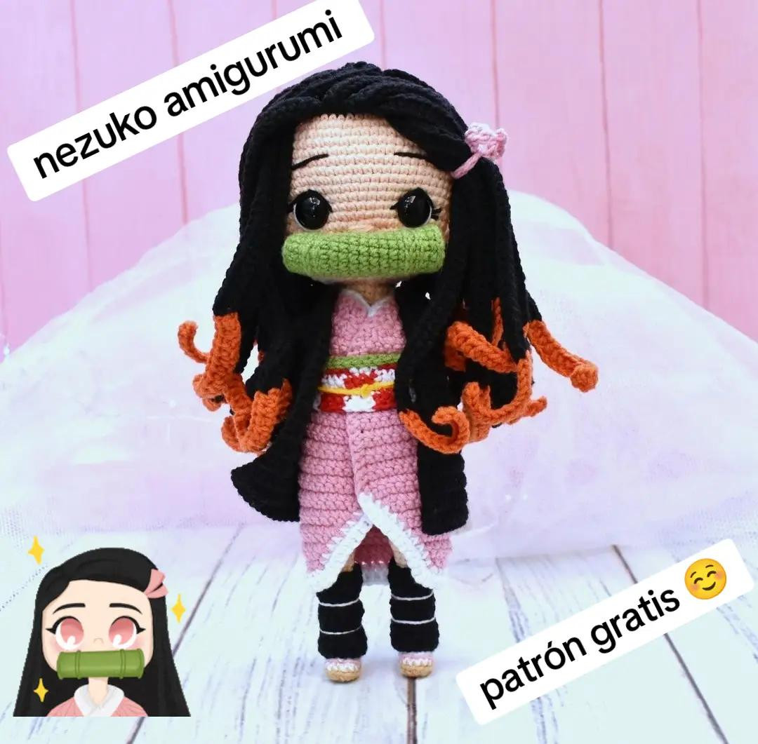 Patrón gratis de Nezuko amigurumi con kimono rosa y flecos naranjas