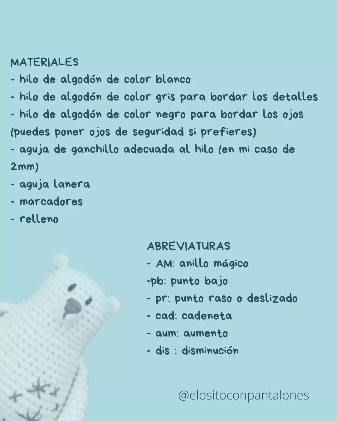 Patrón gratis de Osito Polar (Gris y Blanco) con copos de nieve bordados - Amigurumi
