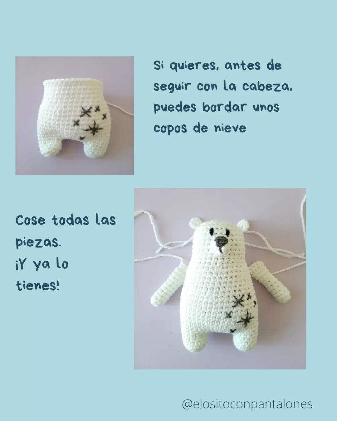Patrón gratis de Osito Polar (Gris y Blanco) con copos de nieve bordados - Amigurumi