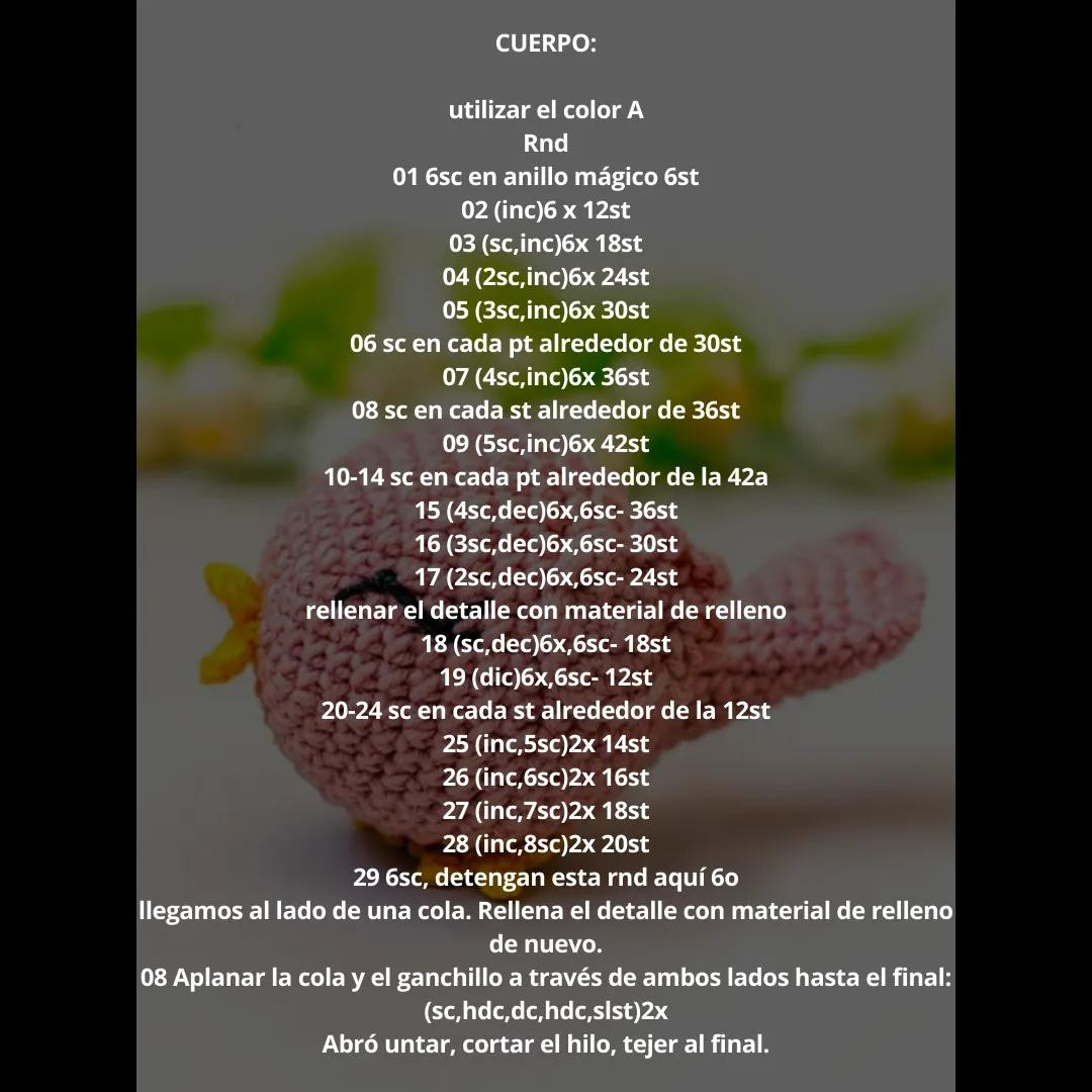 Patrón gratis de pájaro en amigurumi rosa y amarillo