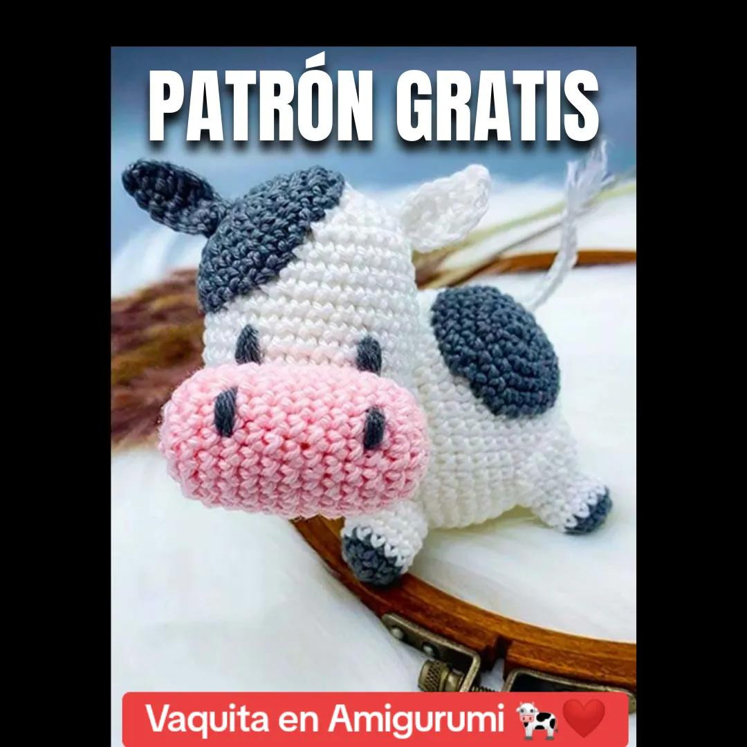 Patrón Gratis de Vaquita en Amigurumi con Hilo Blanco, Gris y Rosa