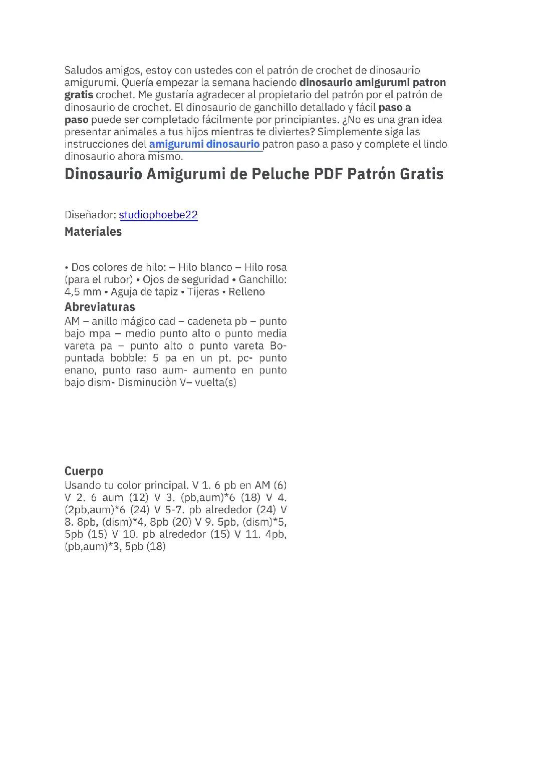 Patrón Gratis Dinosaurio Amigurumi de Peluche PDF - Tutorial Crochet Paso a Paso