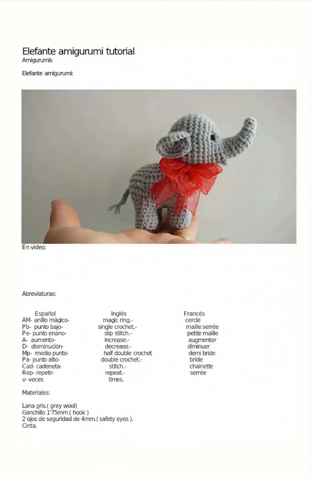 Patrón gratis elefante amigurumi gris con lazo rojo