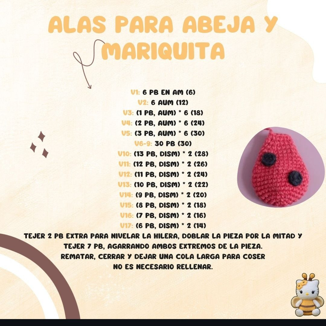 Patron Gratis Hello Kitty Abeja Amigurumi y Alas Mariquita Mariposa