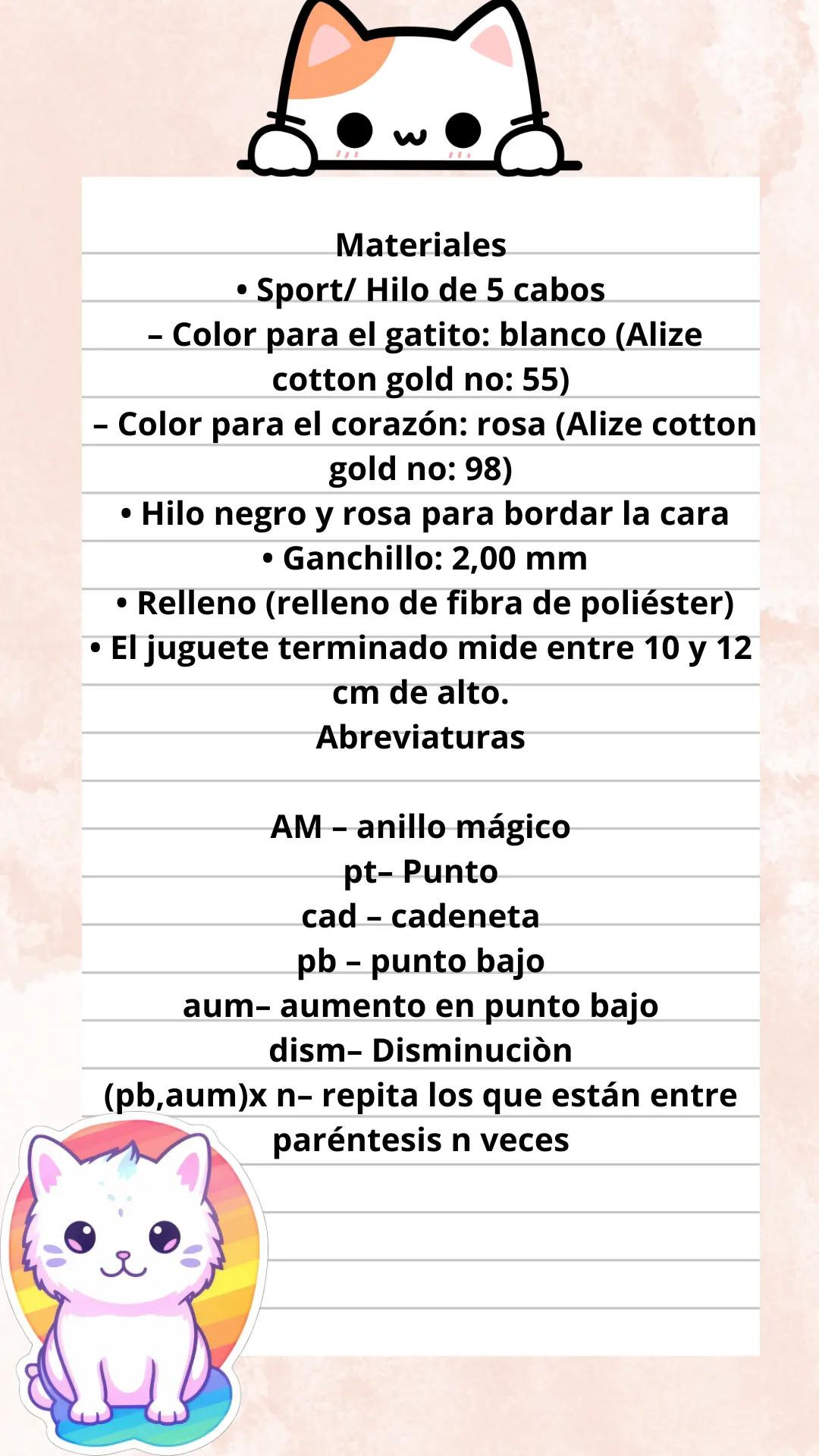 Patrón Gratis Lindo Corazon Gatito Amigurumi Blanco y Rosa