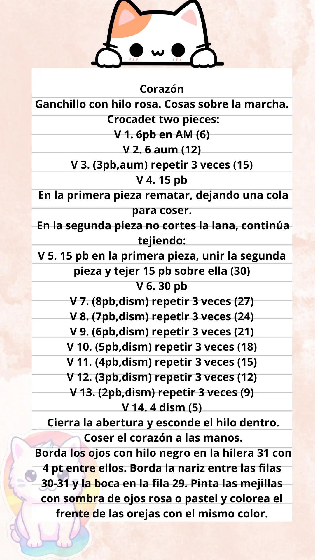 Patrón Gratis Lindo Corazon Gatito Amigurumi Blanco y Rosa
