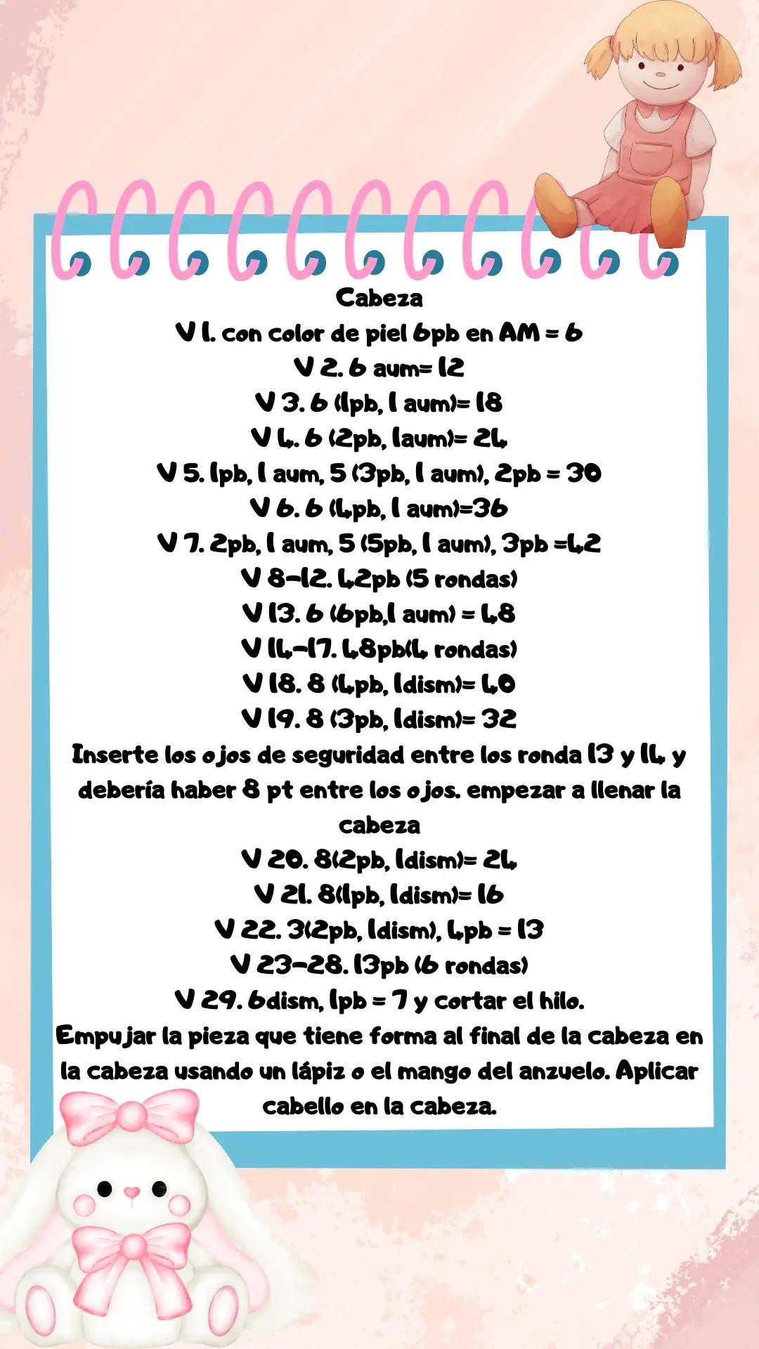 Patron gratis muñeca conejito amigurumi con orejas rosas y ojos grandes