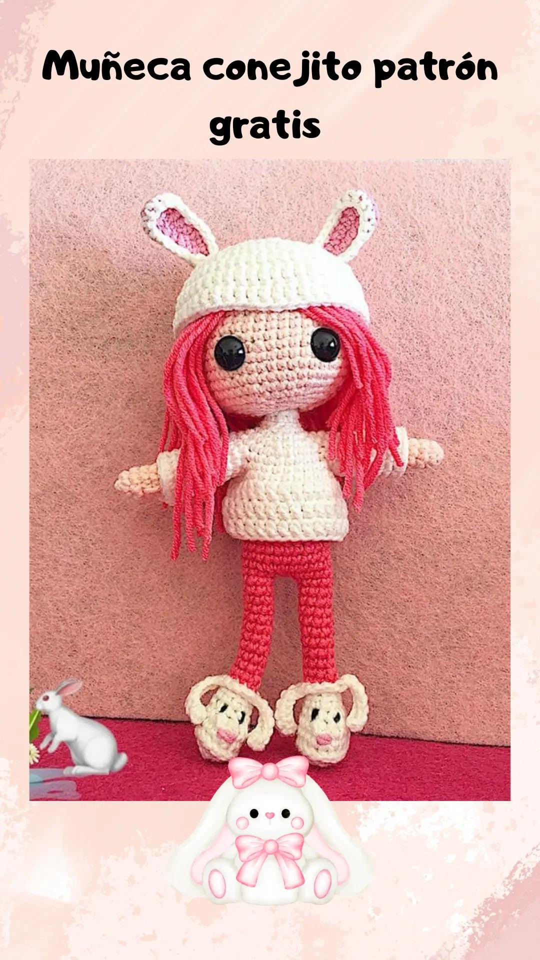 Patron gratis muñeca conejito amigurumi con orejas rosas y ojos grandes