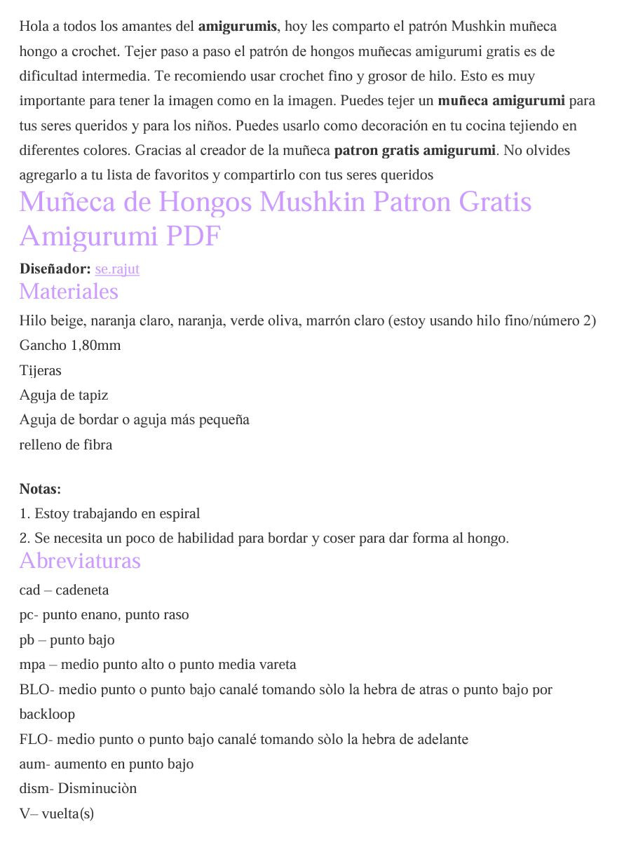 Patrón Gratis Muñeca Hongo Mushkin Amigurumi PDF