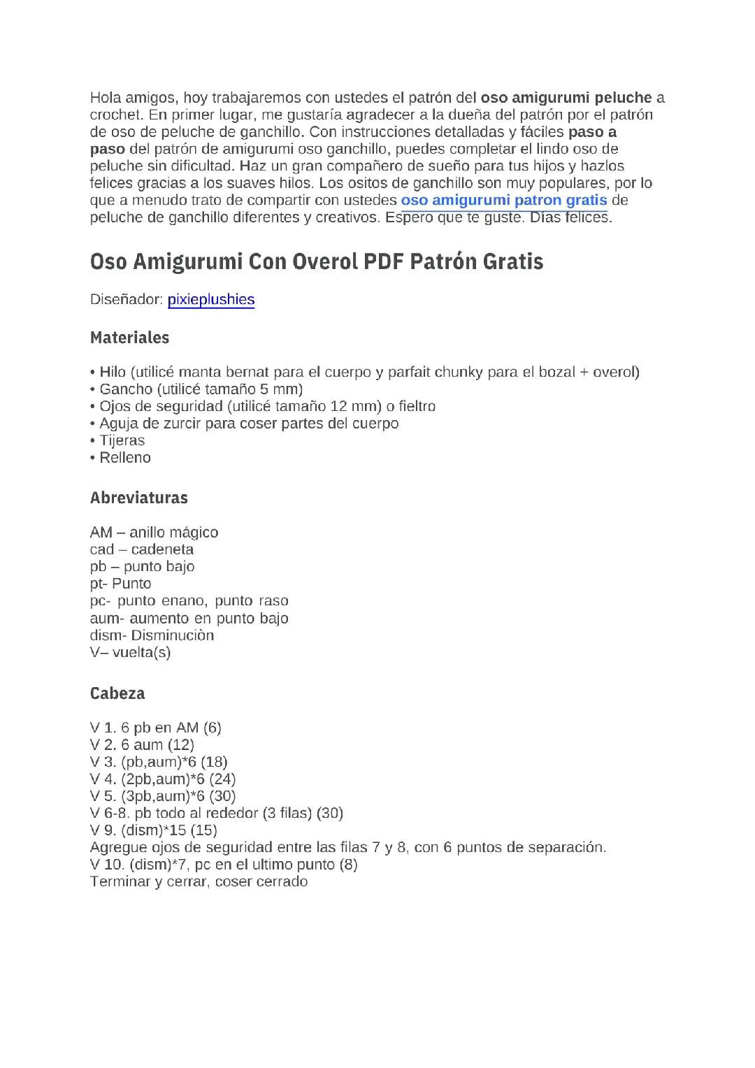 Patrón Gratis Oso Amigurumi Con Overol Azul PDF