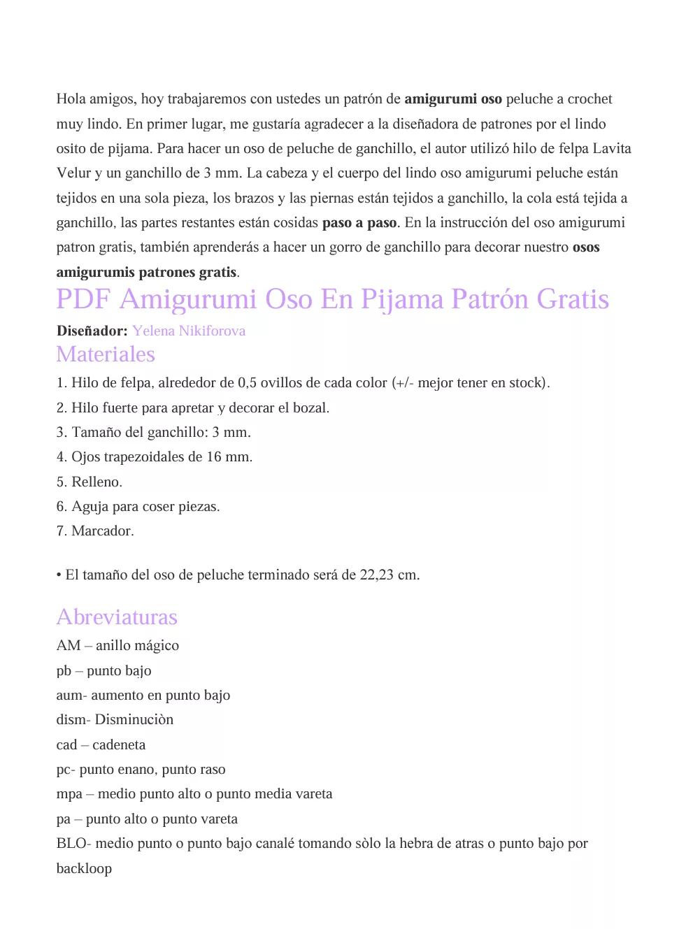 Patrón Gratis Oso Amigurumi con Pijama y Gorro