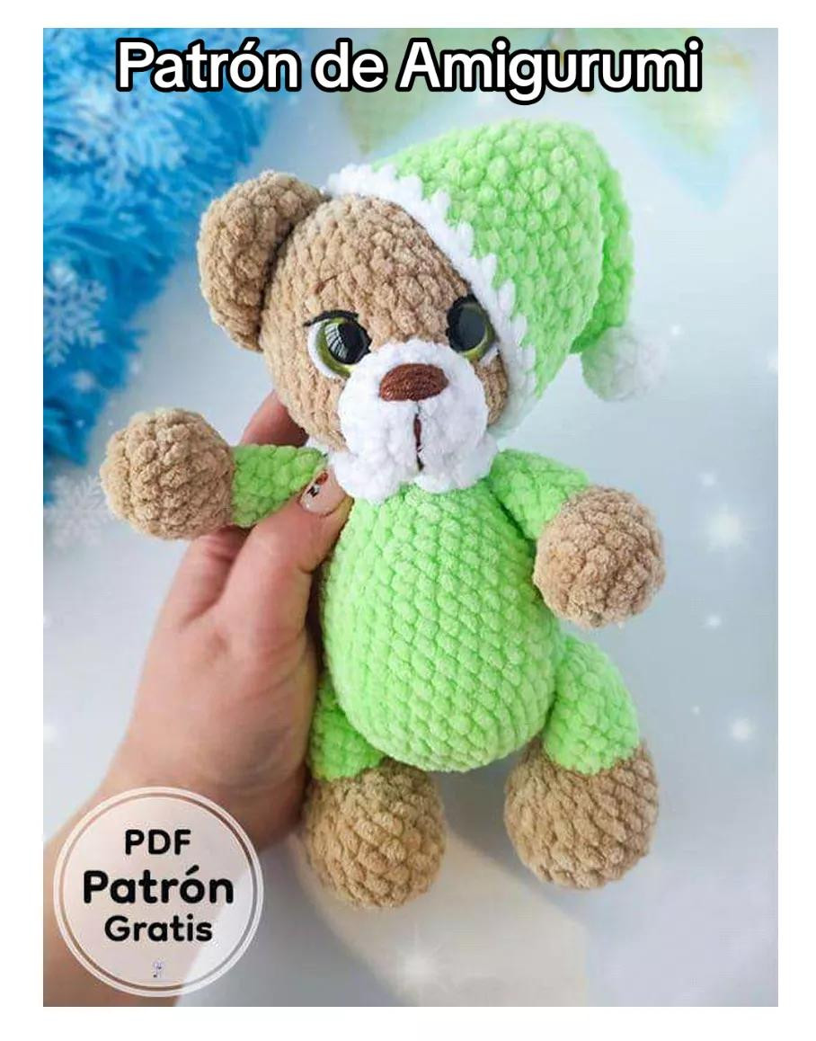 Patrón Gratis Oso Amigurumi con Pijama y Gorro