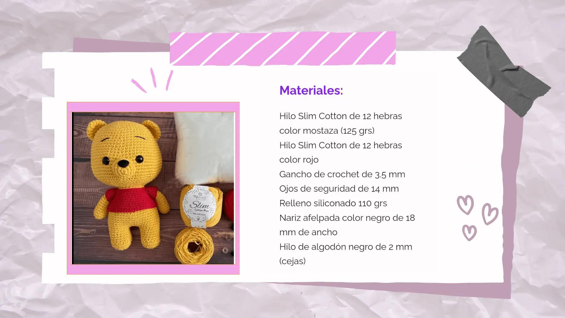 Patrón gratis para amigurumi de Winnie the Pooh con materiales y abreviaturas