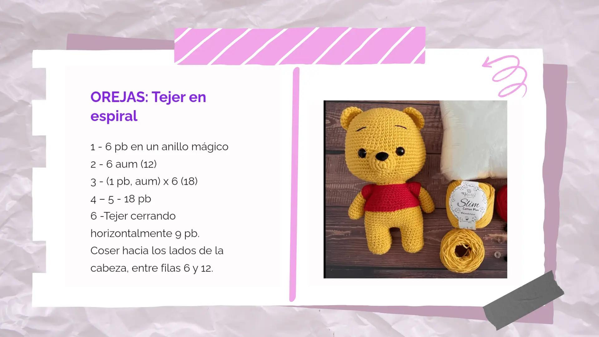 Patrón gratis para amigurumi de Winnie the Pooh con materiales y abreviaturas