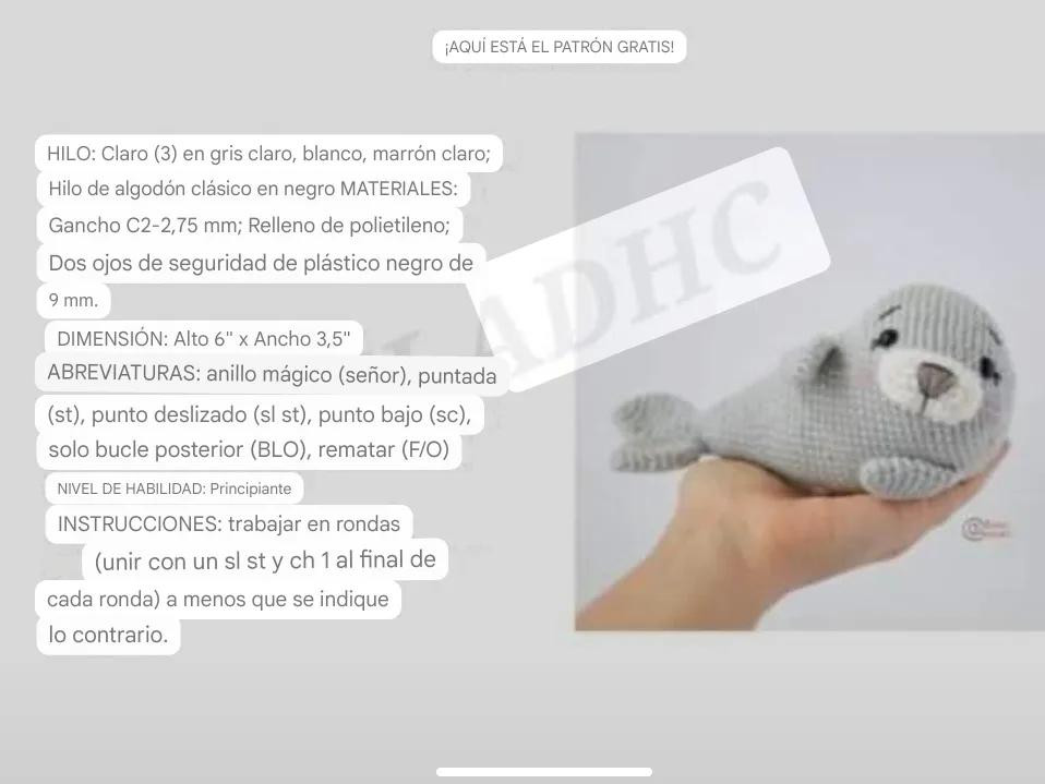 Patrón gratis para hacer foca gris amigurumi