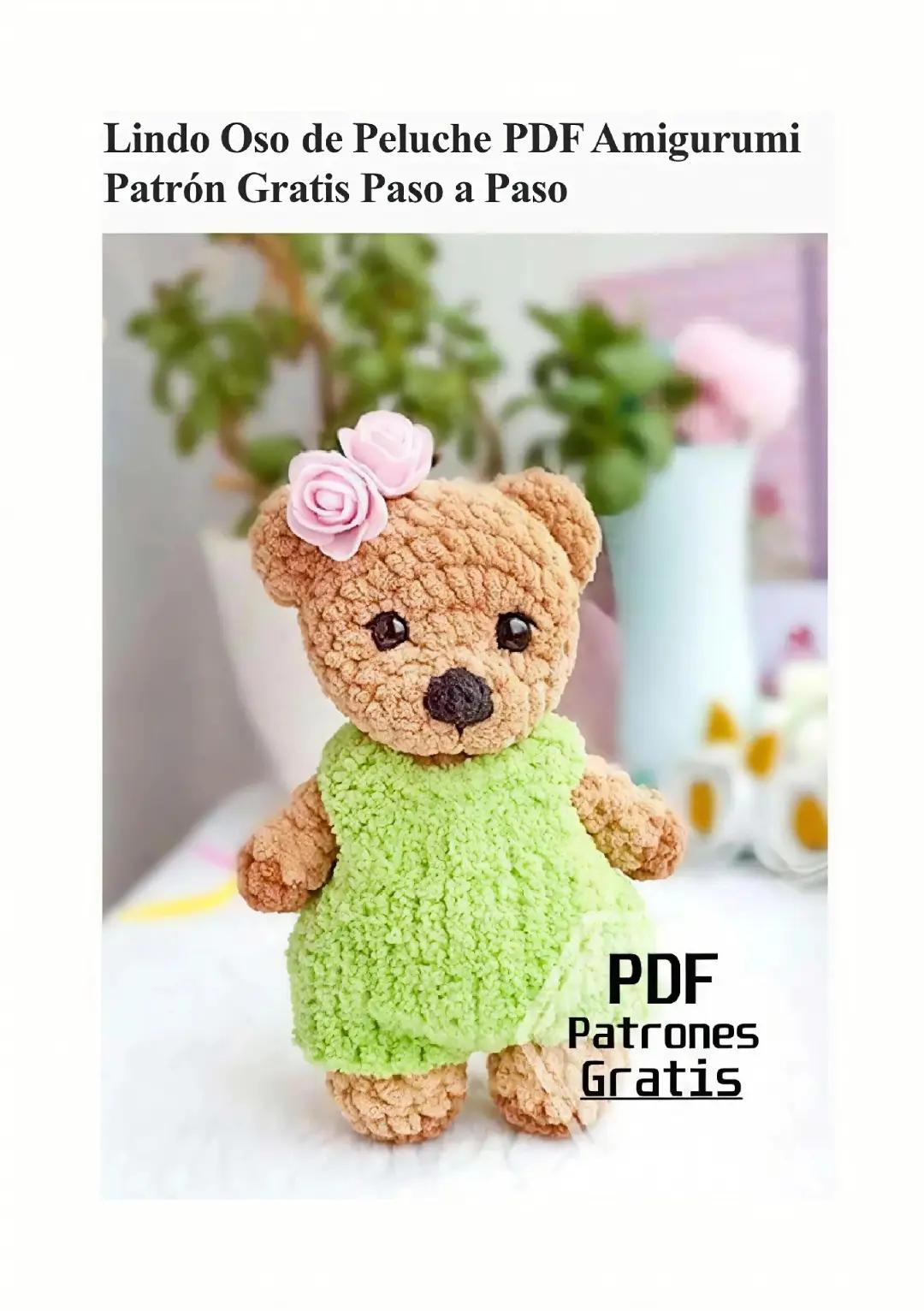Patrón Gratis Paso a Paso Oso de Peluche Amigurumi con Hilo Felpa y Vestido Verde