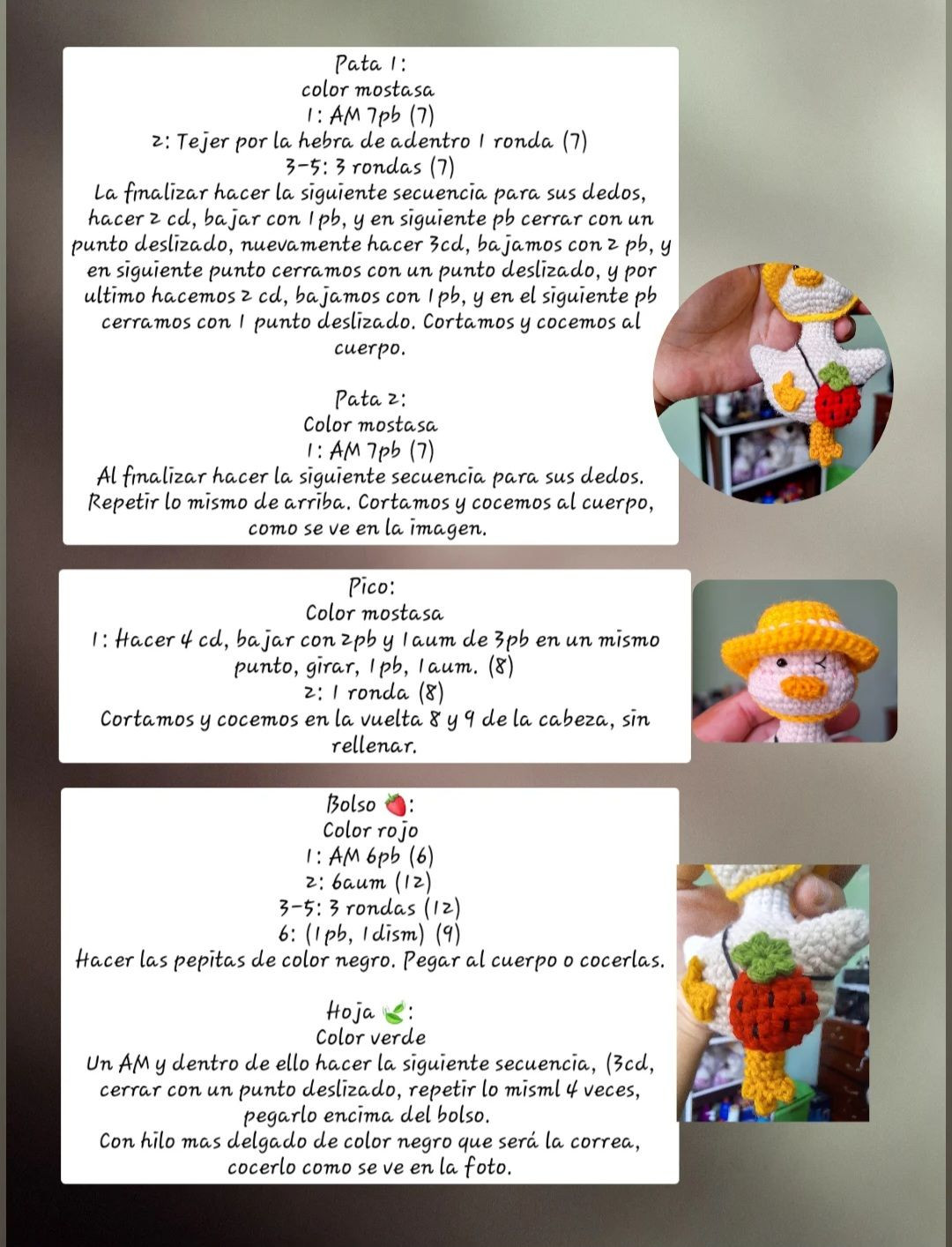 Patrón gratis Patito Amigurumi con bolso de fresa