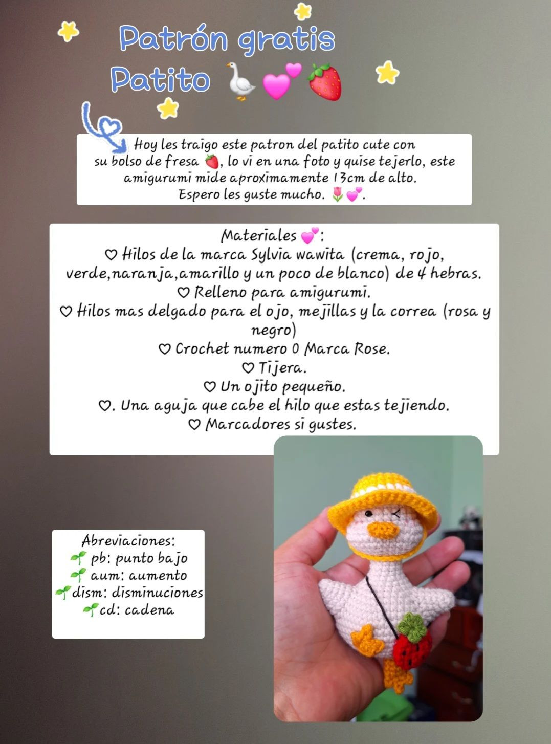 Patrón gratis Patito Amigurumi con bolso de fresa
