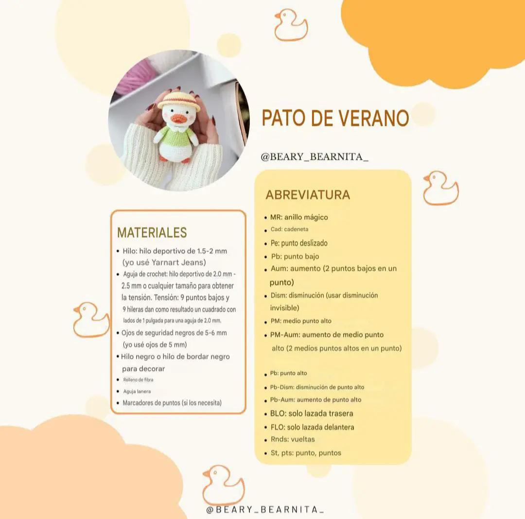 Patrón gratis: Pato de verano amigurumi con gorro y suéter verde