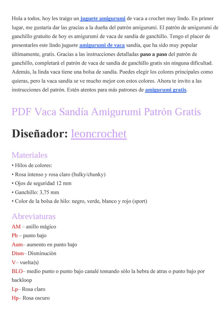 Patrón Gratis PDF Vaca Sandía Amigurumi