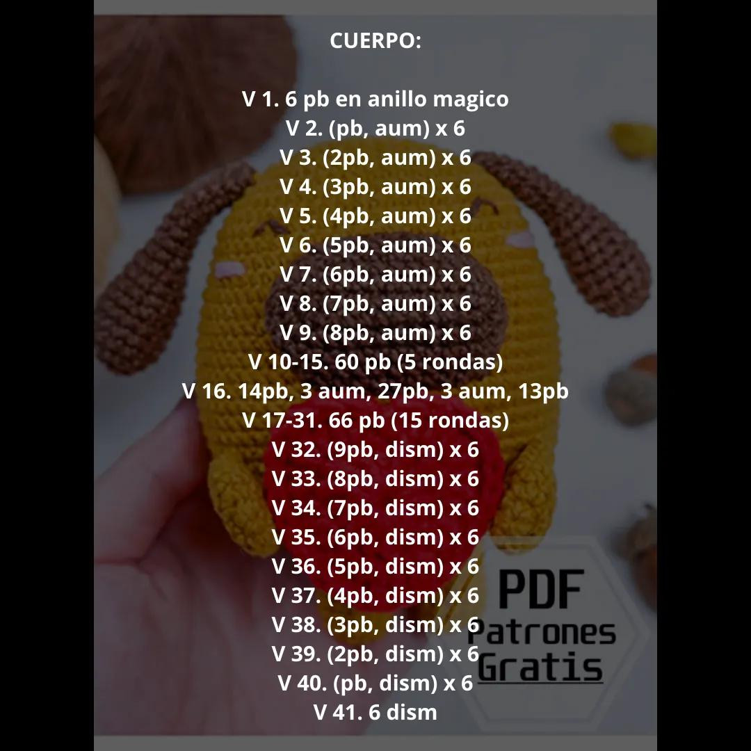 Patrón gratis perro amigurumi amarillo con corazón rojo