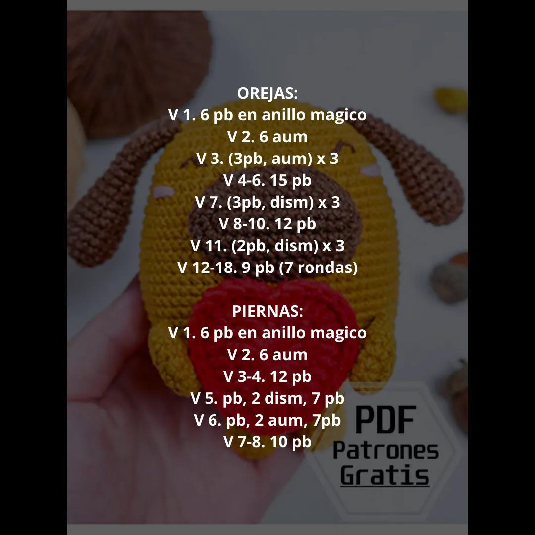 Patrón gratis perro amigurumi amarillo con corazón rojo
