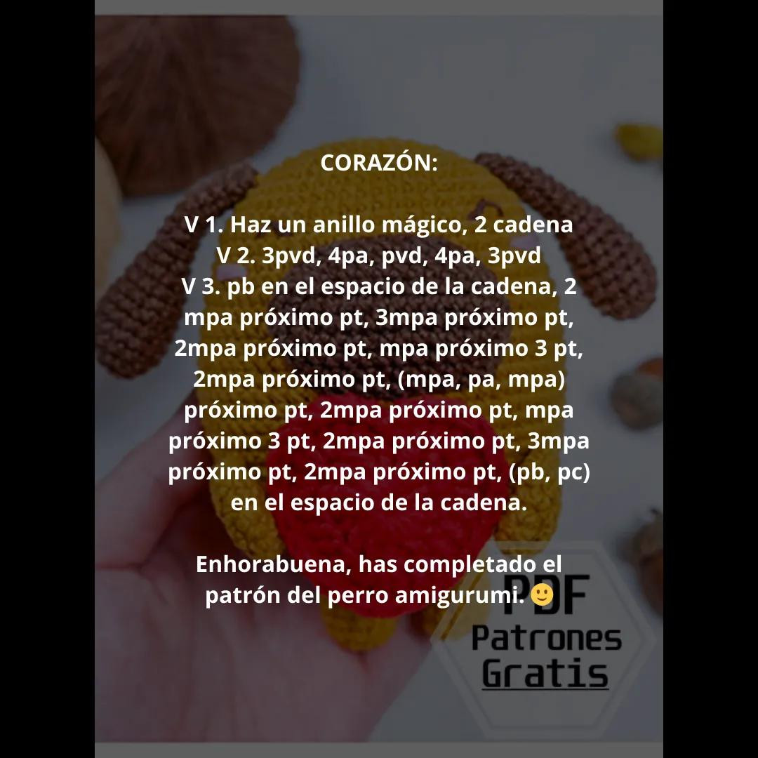 Patrón gratis perro amigurumi amarillo con corazón rojo