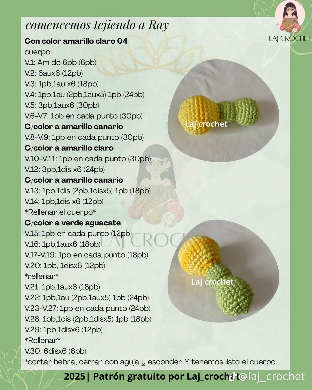 Patrón gratis Ray y la Flor de Loto: Luciernaga amigurumi verde y blanca