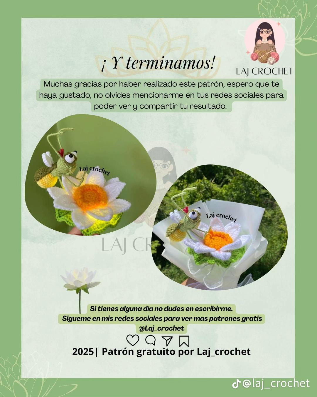 Patrón gratis Ray y la Flor de Loto: Luciernaga amigurumi verde y blanca