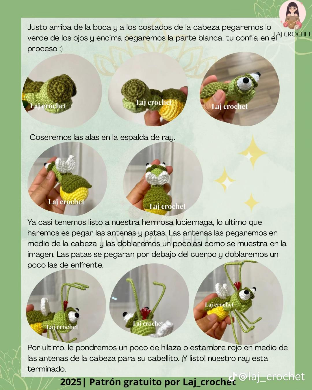 Patrón gratis Ray y la Flor de Loto: Luciernaga amigurumi verde y blanca