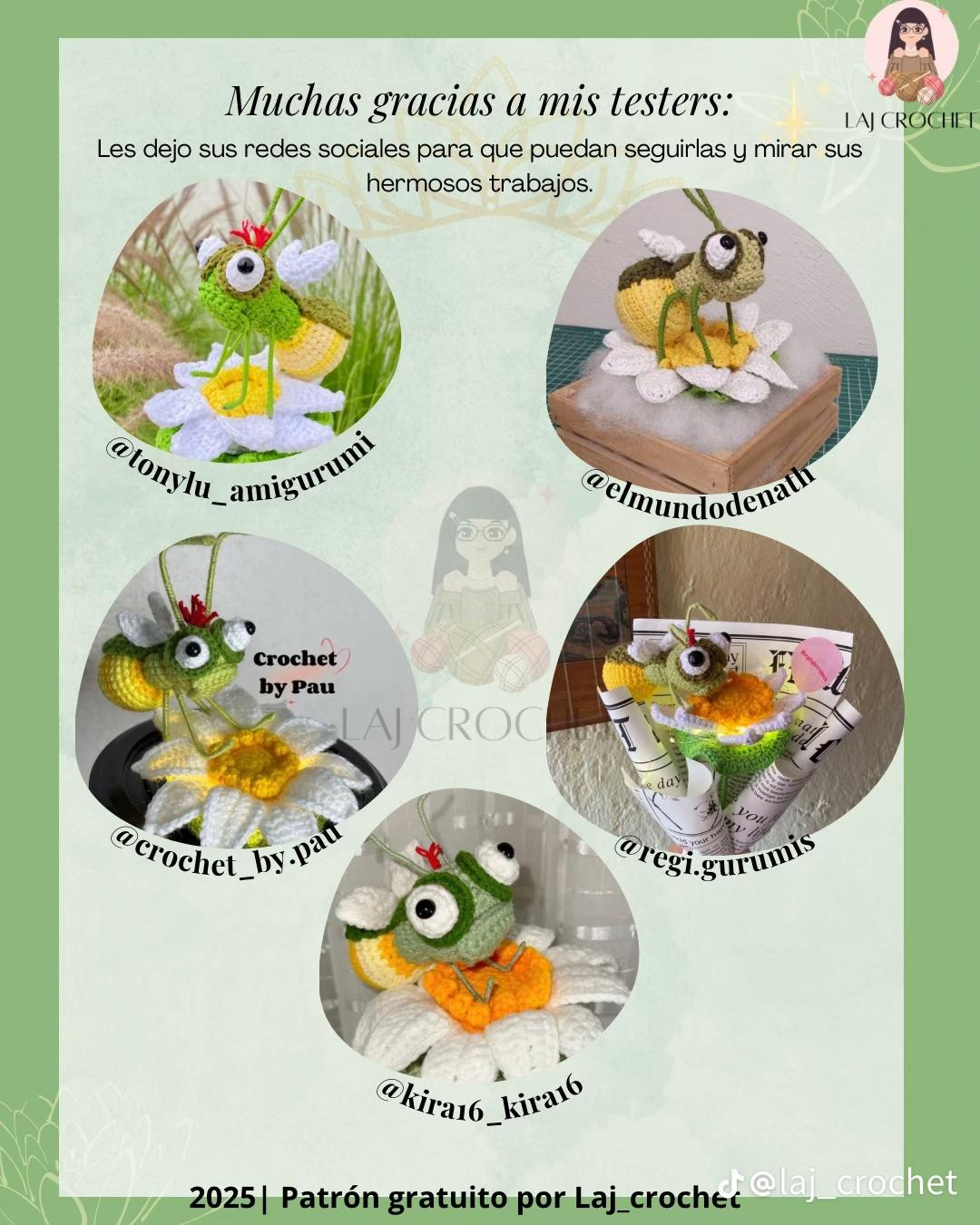 Patrón gratis Ray y la Flor de Loto: Luciernaga amigurumi verde y blanca