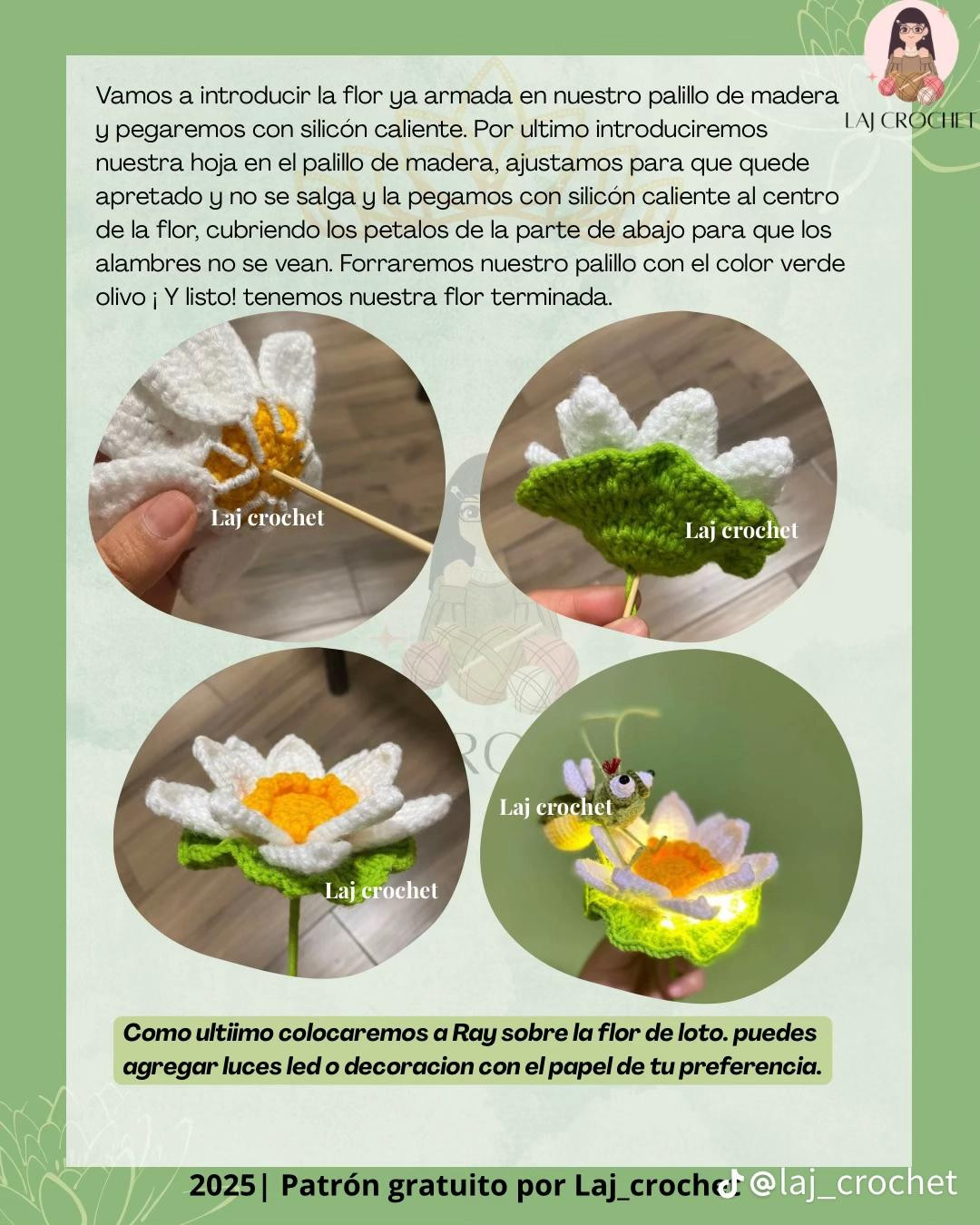 Patrón gratis Ray y la Flor de Loto: Luciernaga amigurumi verde y blanca