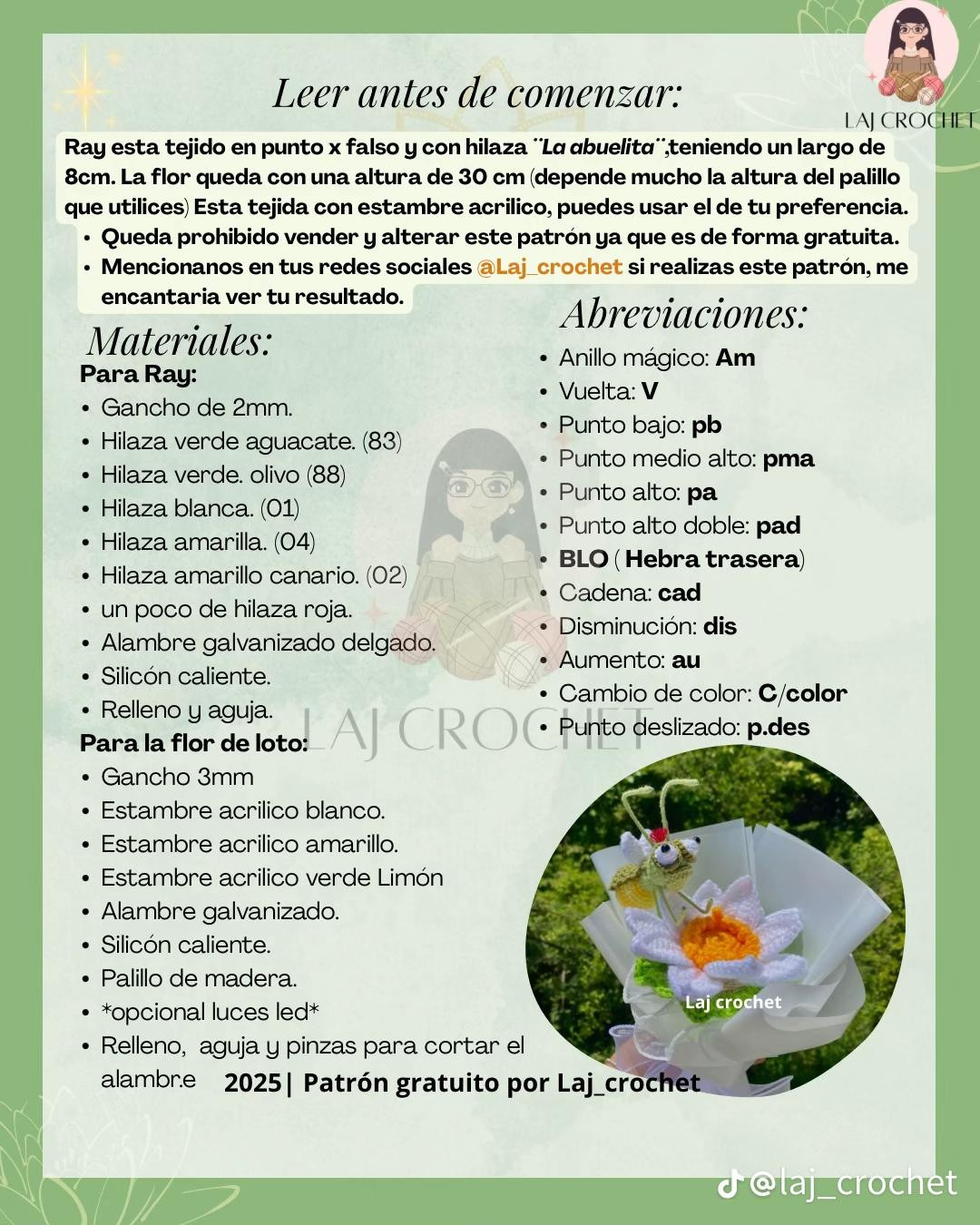 Patrón gratis Ray y la Flor de Loto: Luciernaga amigurumi verde y blanca